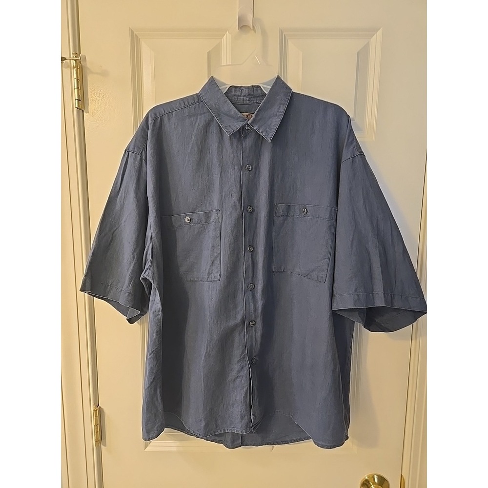 Utopia Short Sleeve Button Up Blue Linen Cotton Blend Shirt Men's‎ Large